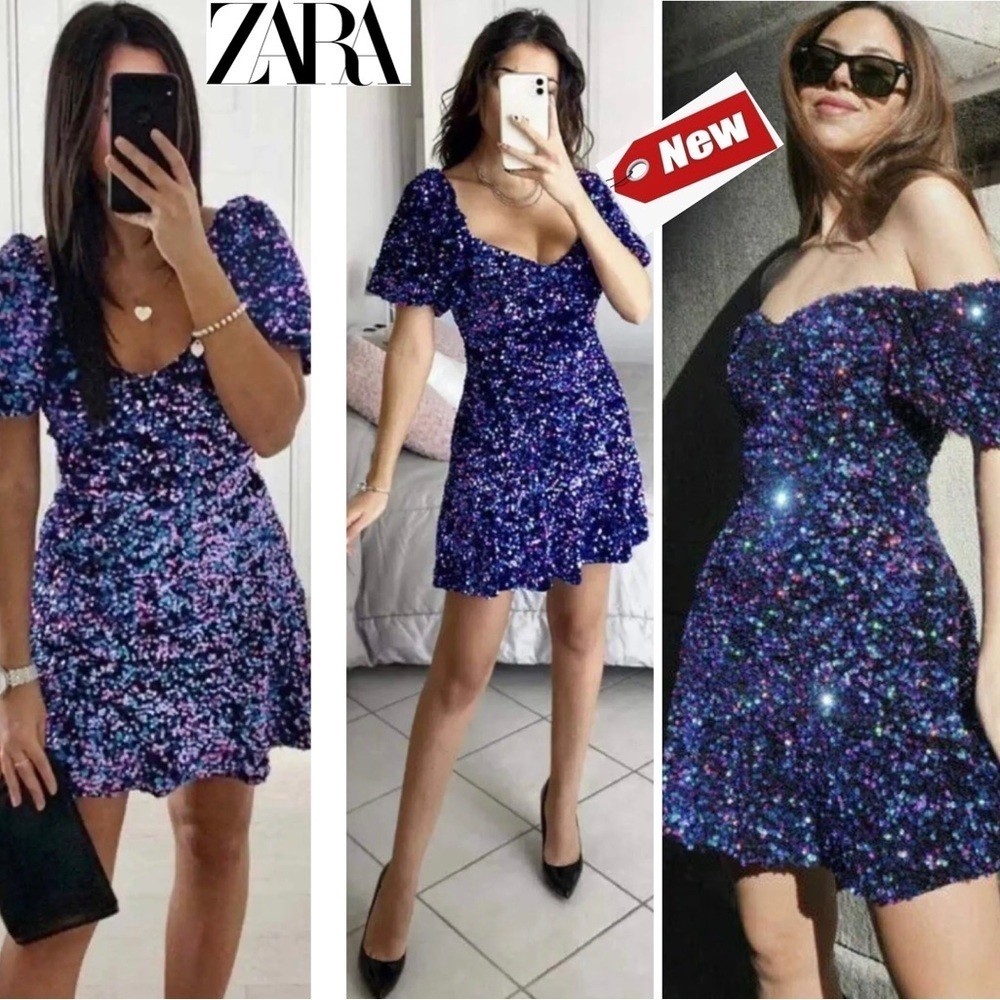 Zara blue purple sequin short puff sleeve mini flare dress festive days Sz S NWT